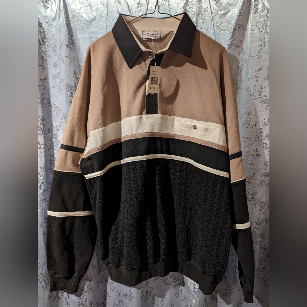 Vintage Classics by Palmland XL Tan Cream Olive Retro Long Sleeve Collar Shirt